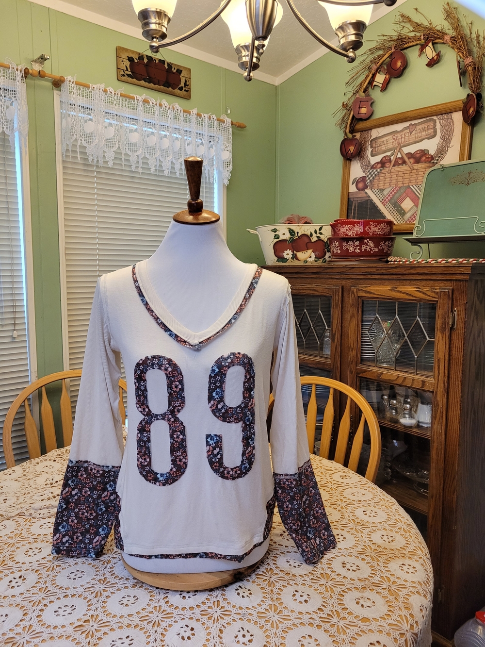 POL Women's Cream Long-Sleeve Floral Accent Top with 89 Graphic